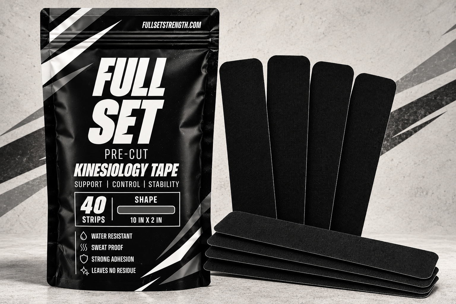FullSet Strength resealable pouch with black pre-cut tape strips standing and stacked beside it